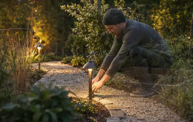 Person richtet eine niedrige warm leuchtende Gartenlampe am Kiesweg aus; Thema Pelletgrills, Schwerpunkt Bestenliste; Kontrolle.
