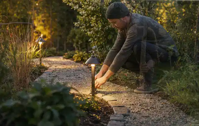 Person richtet eine niedrige warm leuchtende Gartenlampe am Kiesweg aus; Thema Pelletgrills, Schwerpunkt Checkliste; Praxisalltag.