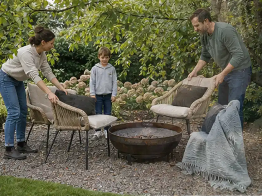 Familie stellt wetterfeste Sessel an einem geschützten Sitzplatz im Garten auf; Thema Pelletgrills, Schwerpunkt Dimensionierung; Titelbild.