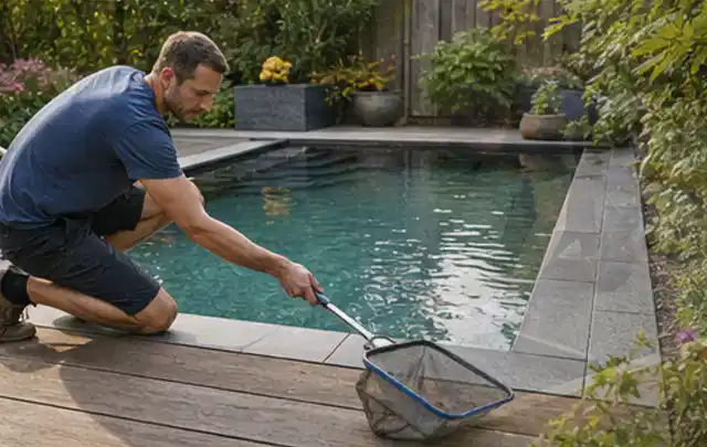 Person entfernt Blätter mit einem Kescher aus einem kleinen Gartenpool; Thema Pelletgrills, Schwerpunkt Dimensionierung; Ergebnis.