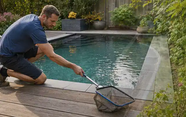 Person entfernt Blätter mit einem Kescher aus einem kleinen Gartenpool; Thema Pelletgrills, Schwerpunkt Ersatzteile; Praxisalltag.