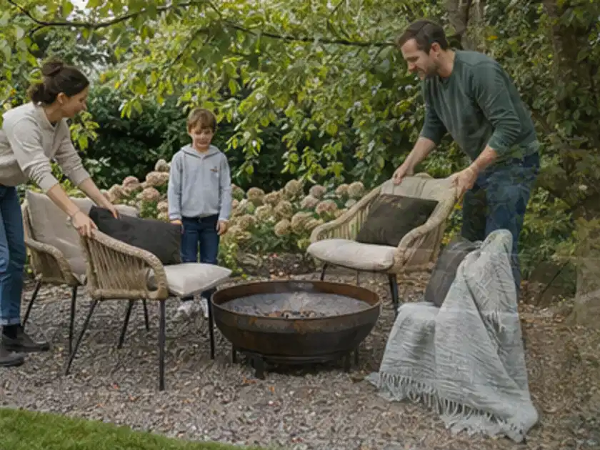 Familie stellt wetterfeste Sessel an einem geschützten Sitzplatz im Garten auf; Thema Pelletgrills, Schwerpunkt Fehlerhilfe; Titelbild.