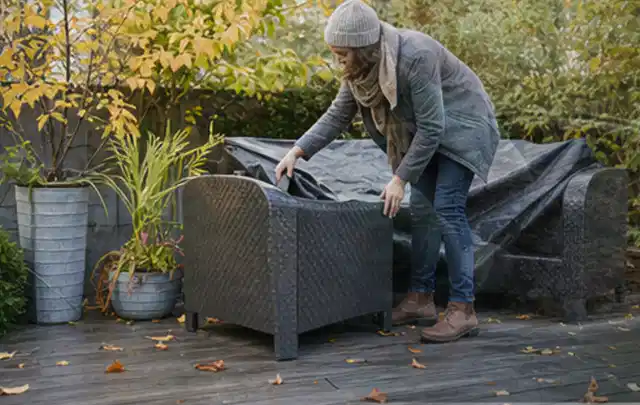 Person deckt Gartenmöbel vor der kalten Jahreszeit sorgfältig ab; Thema Pelletgrills, Schwerpunkt Gärten mit kleiner Fläche; Kontrolle.