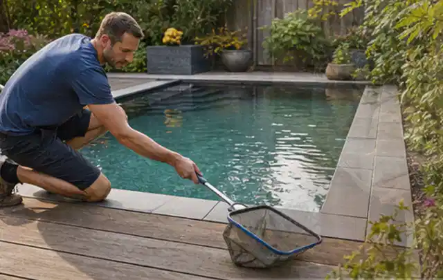Person entfernt Blätter mit einem Kescher aus einem kleinen Gartenpool; Thema Pelletgrills, Schwerpunkt Gärten mit kleiner Fläche; Ergebnis.