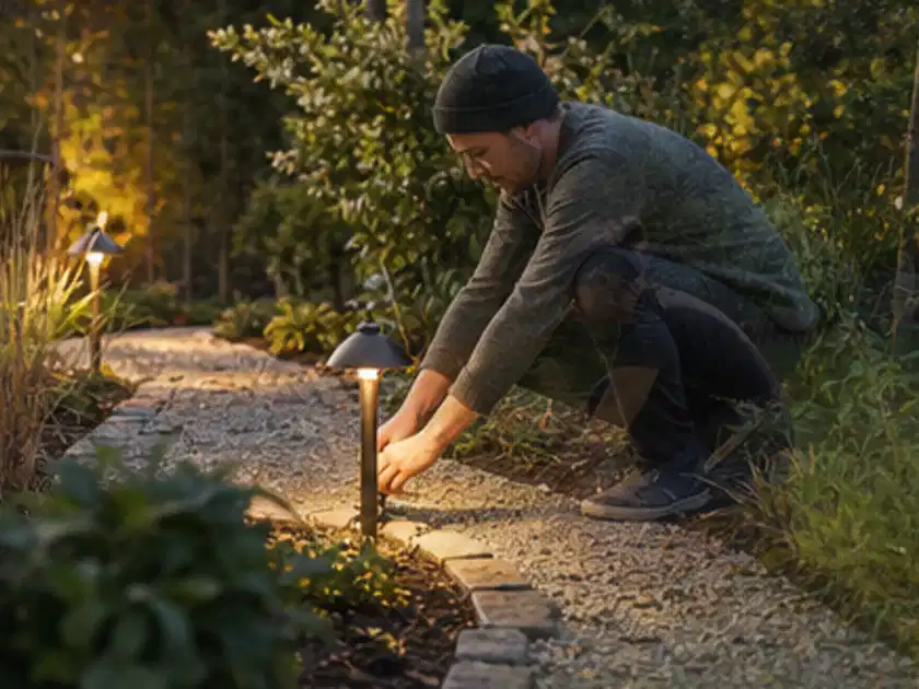 Person richtet eine niedrige warm leuchtende Gartenlampe am Kiesweg aus; Thema Pelletgrills, Schwerpunkt Kaufberatung; Titelbild.