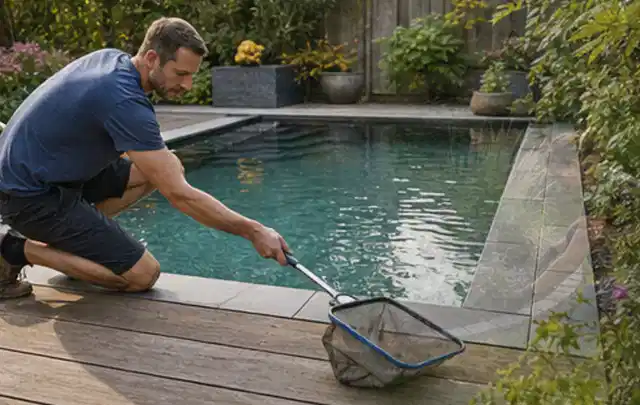 Person entfernt Blätter mit einem Kescher aus einem kleinen Gartenpool; Thema Pelletgrills, Schwerpunkt Kaufberatung; Ausgangslage.