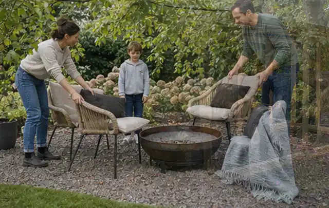 Familie stellt wetterfeste Sessel an einem geschützten Sitzplatz im Garten auf; Thema Pelletgrills, Schwerpunkt Kaufberatung; Ergebnis.