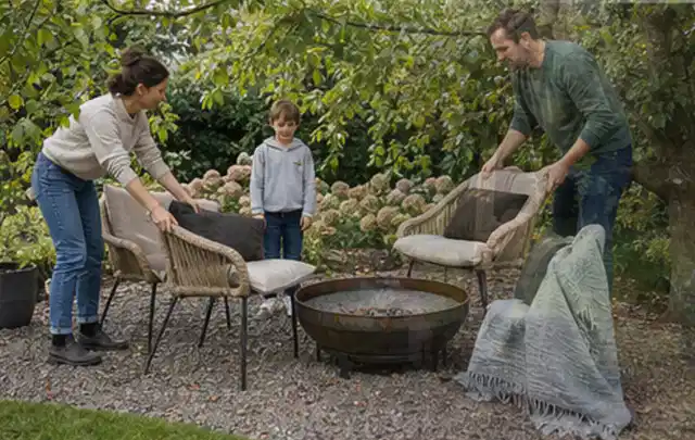 Familie stellt wetterfeste Sessel an einem geschützten Sitzplatz im Garten auf; Thema Pelletgrills, Schwerpunkt Kosten; Ausgangslage.