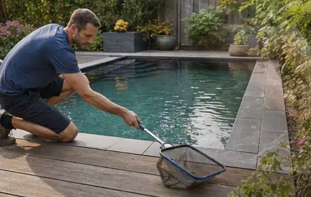 Person entfernt Blätter mit einem Kescher aus einem kleinen Gartenpool; Thema Pelletgrills, Schwerpunkt Kosten; Kontrolle.