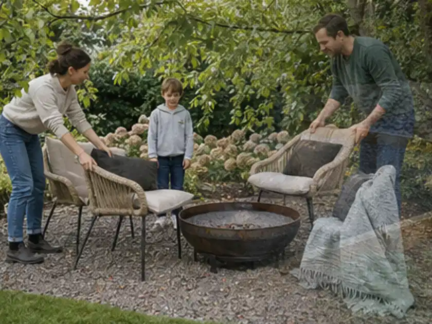 Familie stellt wetterfeste Sessel an einem geschützten Sitzplatz im Garten auf; Thema Pelletgrills, Schwerpunkt Nachhaltigkeit; Titelbild.