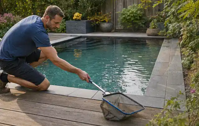 Person entfernt Blätter mit einem Kescher aus einem kleinen Gartenpool; Thema Pelletgrills, Schwerpunkt Nachhaltigkeit; Ausgangslage.