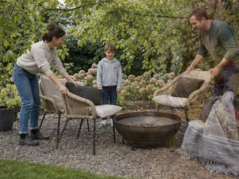 Familie stellt wetterfeste Sessel an einem geschützten Sitzplatz im Garten auf; Thema Pelletgrills, Schwerpunkt Reparatur; Titelbild.