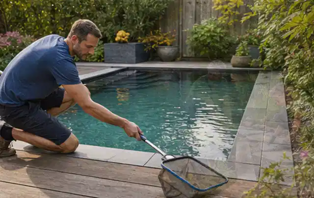 Person entfernt Blätter mit einem Kescher aus einem kleinen Gartenpool; Thema Pelletgrills, Schwerpunkt Reparatur; Umsetzung.
