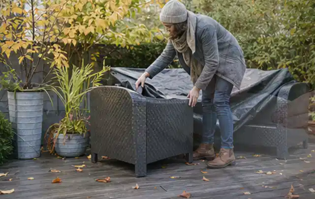 Person deckt Gartenmöbel vor der kalten Jahreszeit sorgfältig ab; Thema Pelletgrills, Schwerpunkt Reparatur; Ergebnis.