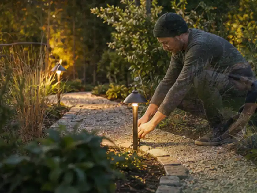 Person richtet eine niedrige warm leuchtende Gartenlampe am Kiesweg aus; Thema Pelletgrills, Schwerpunkt Sicherheit; Titelbild.