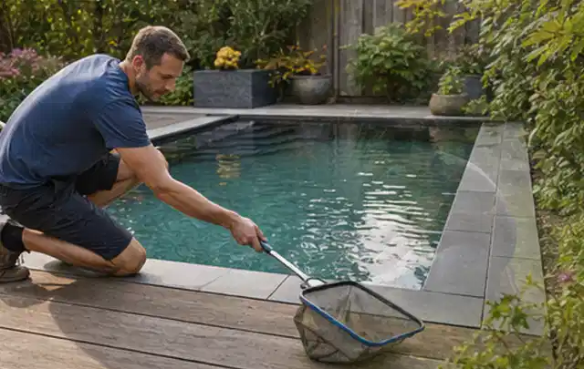 Person entfernt Blätter mit einem Kescher aus einem kleinen Gartenpool; Thema Pelletgrills, Schwerpunkt Sicherheit; Ausgangslage.
