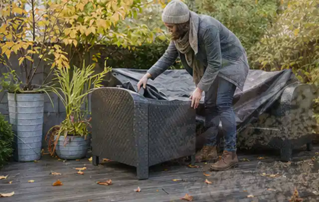 Person deckt Gartenmöbel vor der kalten Jahreszeit sorgfältig ab; Thema Pelletgrills, Schwerpunkt Sicherheit; Umsetzung.