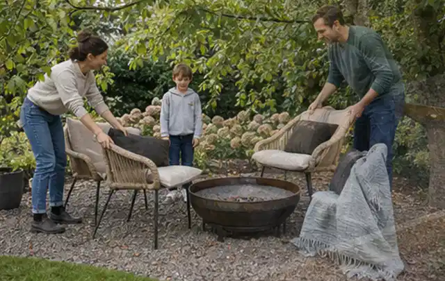Familie stellt wetterfeste Sessel an einem geschützten Sitzplatz im Garten auf; Thema Pelletgrills, Schwerpunkt Sicherheit; Ergebnis.