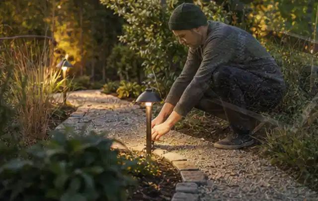 Person richtet eine niedrige warm leuchtende Gartenlampe am Kiesweg aus; Thema Pelletgrills, Schwerpunkt Systemvergleich; Kontrolle.