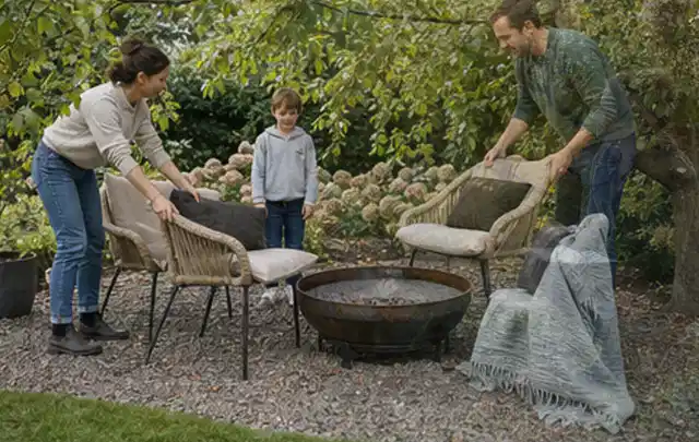 Familie stellt wetterfeste Sessel an einem geschützten Sitzplatz im Garten auf; Thema Pelletgrills, Schwerpunkt Testkriterien; Kontrolle.