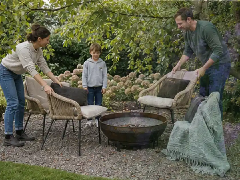 Familie stellt wetterfeste Sessel an einem geschützten Sitzplatz im Garten auf; Thema Pelletgrills, Schwerpunkt Vergleich; Titelbild.