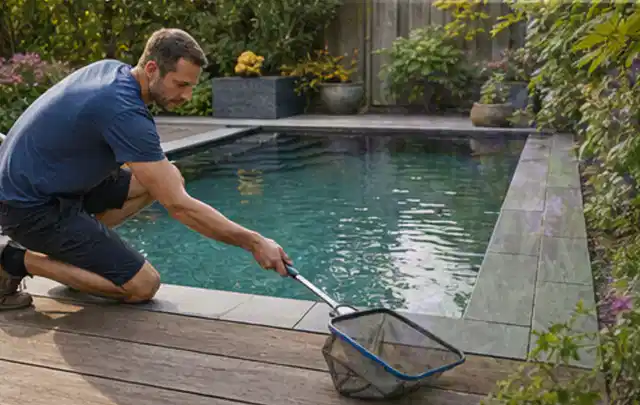 Person entfernt Blätter mit einem Kescher aus einem kleinen Gartenpool; Thema Pelletgrills, Schwerpunkt Vergleich; Ausgangslage.