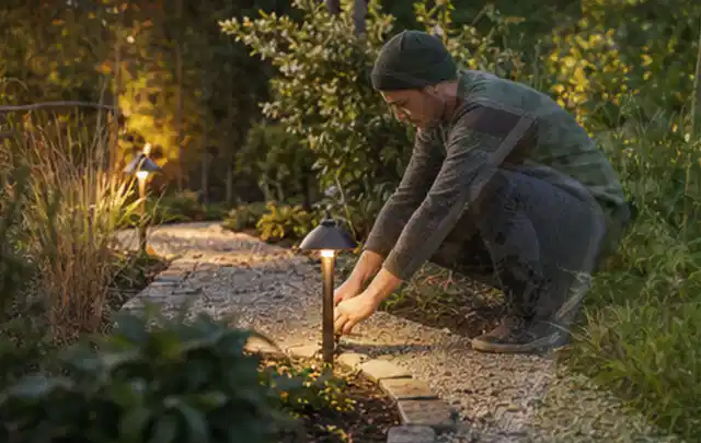 Person richtet eine niedrige warm leuchtende Gartenlampe am Kiesweg aus; Thema Pelletgrills, Schwerpunkt Vergleich; Umsetzung.