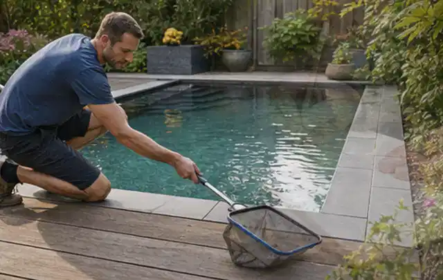 Person entfernt Blätter mit einem Kescher aus einem kleinen Gartenpool; Thema Pelletgrills, Schwerpunkt Wartung; Ergebnis.