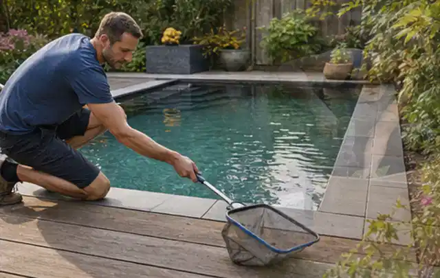 Person entfernt Blätter mit einem Kescher aus einem kleinen Gartenpool; Thema Pelletgrills, Schwerpunkt Winterlager; Ergebnis.