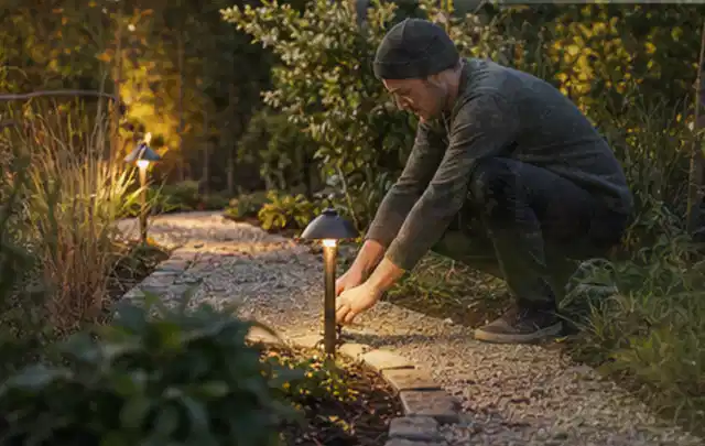 Person richtet eine niedrige warm leuchtende Gartenlampe am Kiesweg aus; Thema Pelletgrills, Schwerpunkt Winterlager; Praxisalltag.