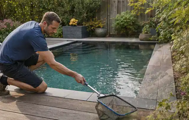 Person entfernt Blätter mit einem Kescher aus einem kleinen Gartenpool; Thema Pergolen, Schwerpunkt Anwendung; Praxisalltag.