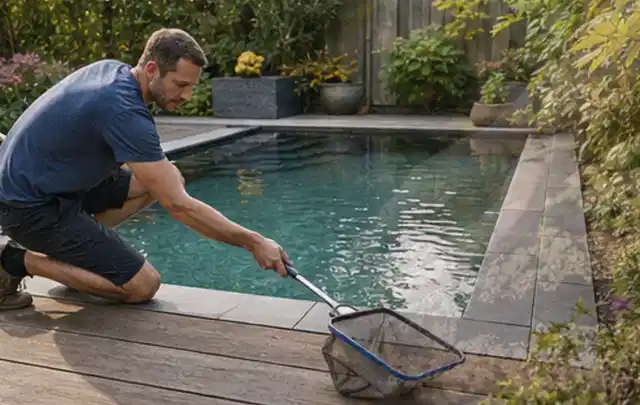 Person entfernt Blätter mit einem Kescher aus einem kleinen Gartenpool; Thema Pergolen, Schwerpunkt Bestenliste; Ausgangslage.