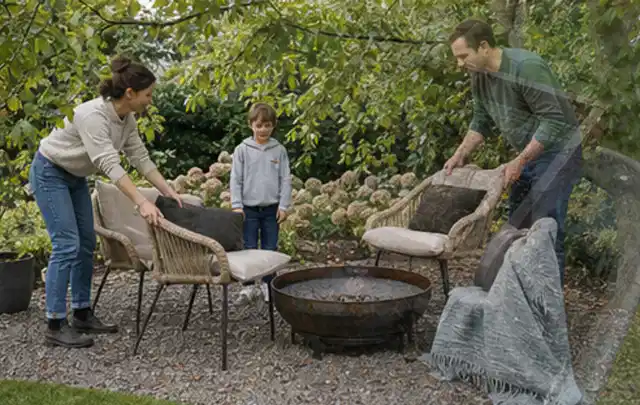 Familie stellt wetterfeste Sessel an einem geschützten Sitzplatz im Garten auf; Thema Pergolen, Schwerpunkt Bestenliste; Kontrolle.