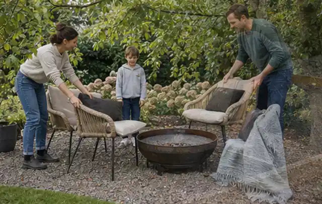 Familie stellt wetterfeste Sessel an einem geschützten Sitzplatz im Garten auf; Thema Pergolen, Schwerpunkt Checkliste; Umsetzung.