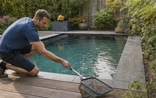 Person entfernt Blätter mit einem Kescher aus einem kleinen Gartenpool; Thema Pergolen, Schwerpunkt Checkliste; Ergebnis.