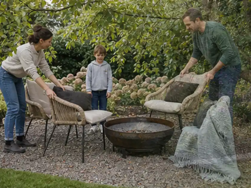 Familie stellt wetterfeste Sessel an einem geschützten Sitzplatz im Garten auf; Thema Pergolen, Schwerpunkt Dimensionierung; Titelbild.
