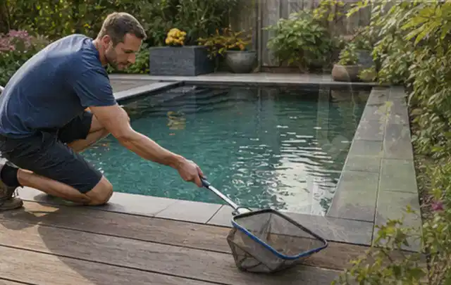 Person entfernt Blätter mit einem Kescher aus einem kleinen Gartenpool; Thema Pergolen, Schwerpunkt Ersatzteile; Umsetzung.