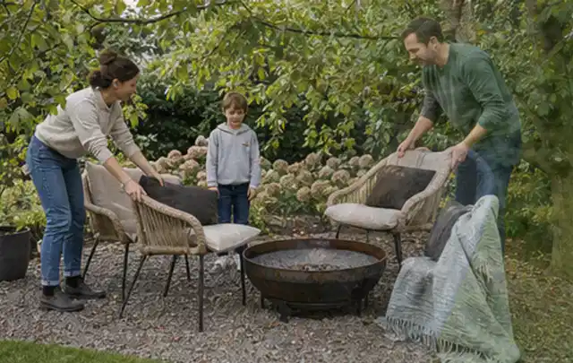 Familie stellt wetterfeste Sessel an einem geschützten Sitzplatz im Garten auf; Thema Pergolen, Schwerpunkt Ersatzteile; Praxisalltag.
