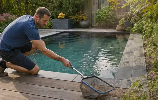 Person entfernt Blätter mit einem Kescher aus einem kleinen Gartenpool; Thema Pergolen, Schwerpunkt Fehlerhilfe; Ausgangslage.