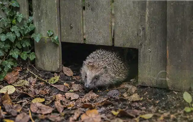 Igel nutzt einen bodennahen Durchgang unter einem hölzernen Gartenzaun; Thema Pergolen, Schwerpunkt Fehlerhilfe; Kontrolle.