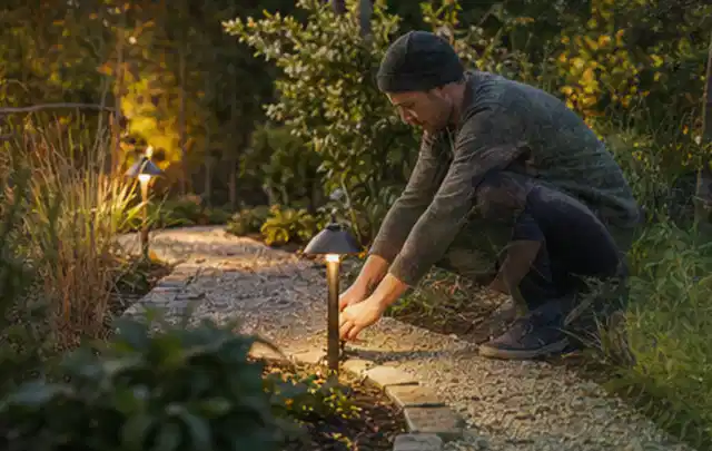 Person richtet eine niedrige warm leuchtende Gartenlampe am Kiesweg aus; Thema Pergolen, Schwerpunkt Fehlerhilfe; Praxisalltag.