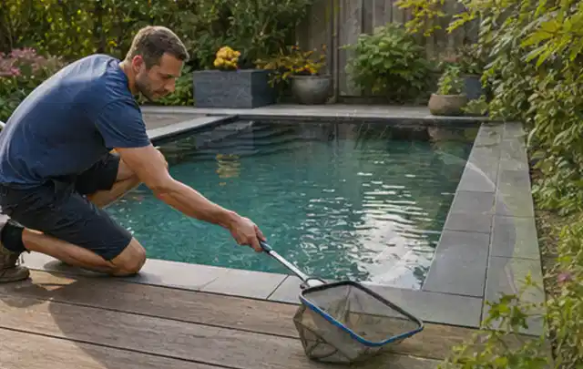 Person entfernt Blätter mit einem Kescher aus einem kleinen Gartenpool; Thema Pergolen, Schwerpunkt Gärten mit großer Fläche; Umsetzung.