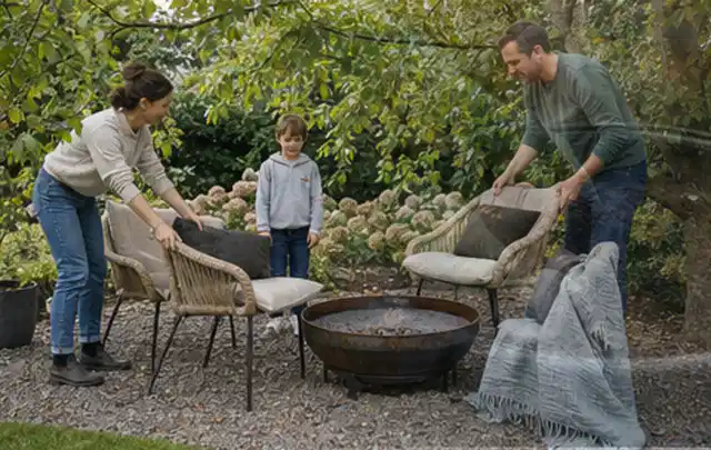 Familie stellt wetterfeste Sessel an einem geschützten Sitzplatz im Garten auf; Thema Pergolen, Schwerpunkt Gärten mit großer Fläche; Kontrolle.