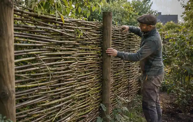 Person befestigt geflochtene Weidenruten an stabilen Holzpfosten im Garten; Thema Pergolen, Schwerpunkt Garten gestalten; Kontrolle.