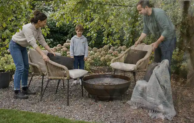 Familie stellt wetterfeste Sessel an einem geschützten Sitzplatz im Garten auf; Thema Pergolen, Schwerpunkt Kaufberatung; Umsetzung.