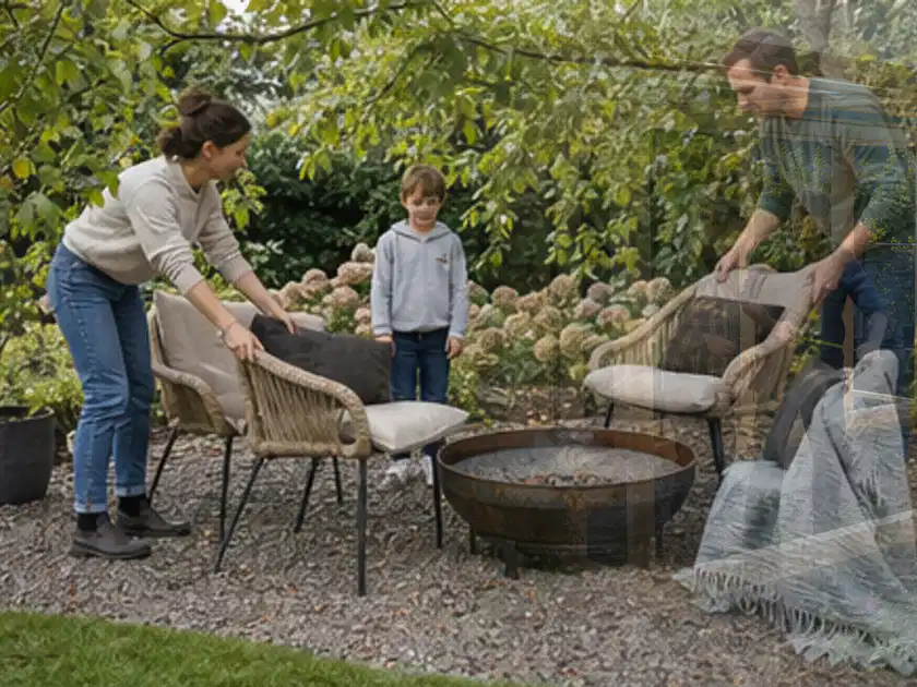 Familie stellt wetterfeste Sessel an einem geschützten Sitzplatz im Garten auf; Thema Pergolen, Schwerpunkt Nachhaltigkeit; Titelbild.