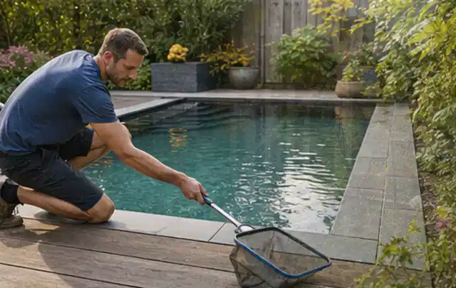 Person entfernt Blätter mit einem Kescher aus einem kleinen Gartenpool; Thema Pergolen, Schwerpunkt Nachhaltigkeit; Ausgangslage.