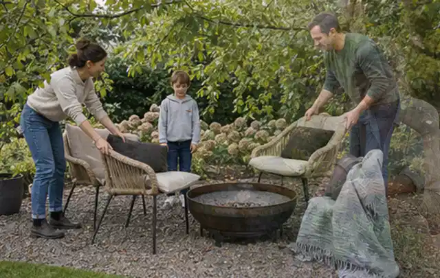 Familie stellt wetterfeste Sessel an einem geschützten Sitzplatz im Garten auf; Thema Pergolen, Schwerpunkt Outdoor Freizeit; Umsetzung.