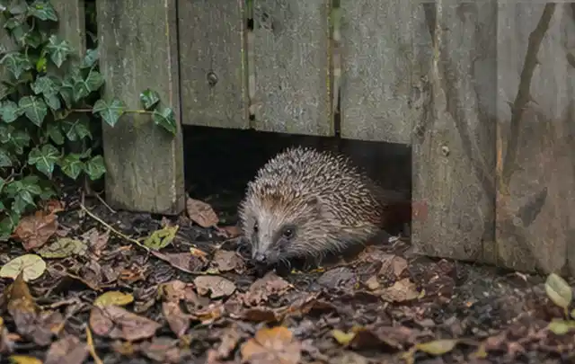 Igel nutzt einen bodennahen Durchgang unter einem hölzernen Gartenzaun; Thema Pergolen, Schwerpunkt Outdoor Freizeit; Kontrolle.