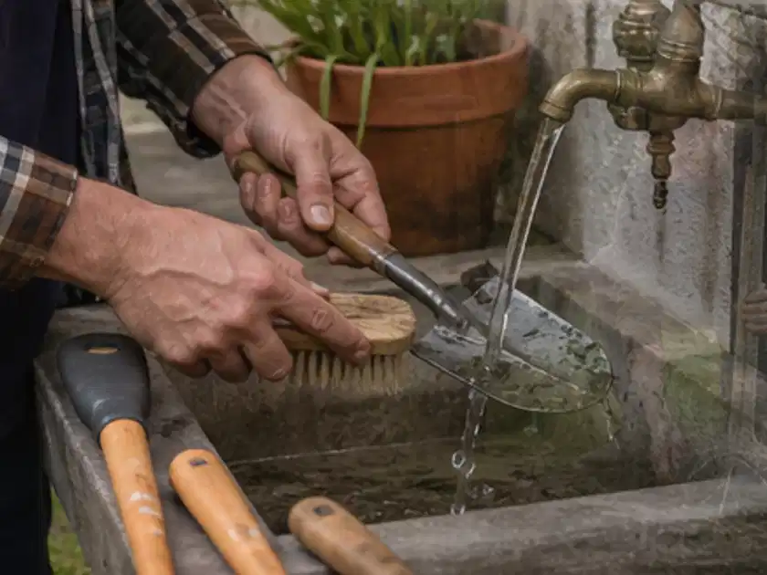 Hände reinigen gebrauchte Gartengeräte mit Bürste und Wasser am Außenbecken; Thema Pergolen, Schwerpunkt Reinigung; Titelbild.